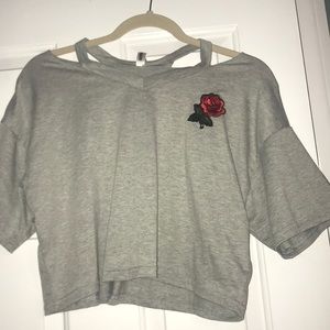 Large Gray Crop Top with Embroidered Rose